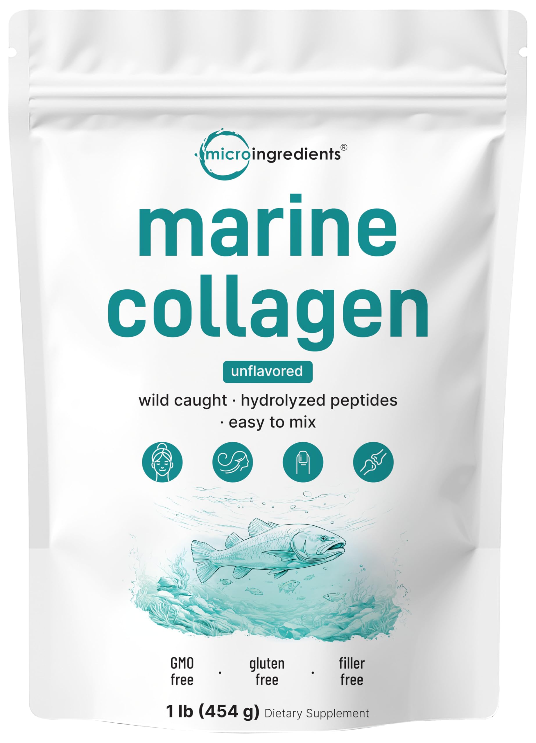 Micro Ingredients Marine Collagen Powder 1lb pouch, unflavored and easy to mix.