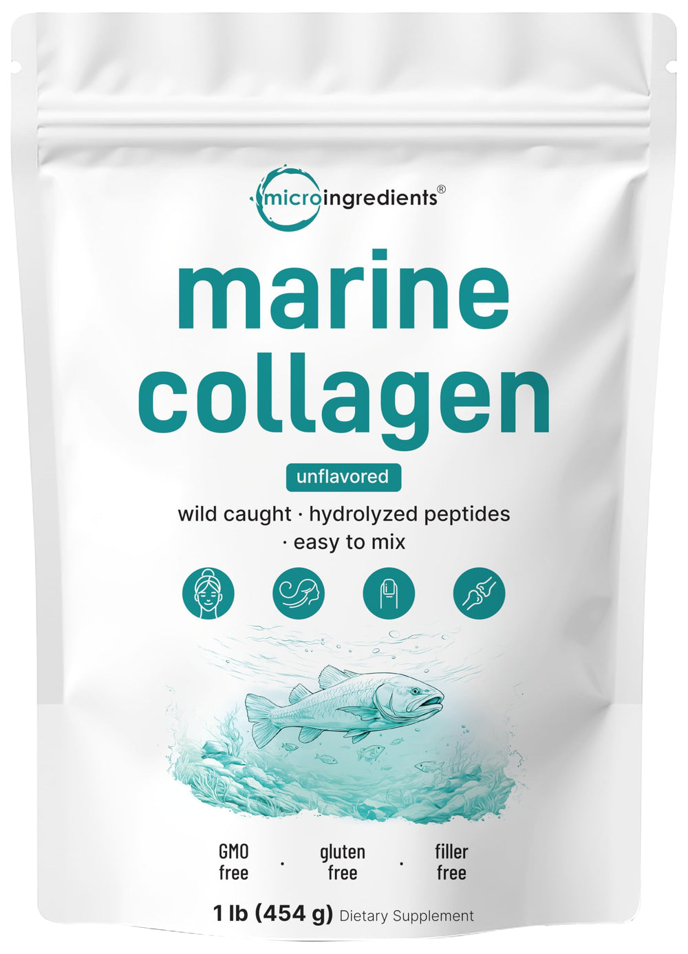 Micro Ingredients Marine Collagen Powder 1lb pouch, unflavored and easy to mix.