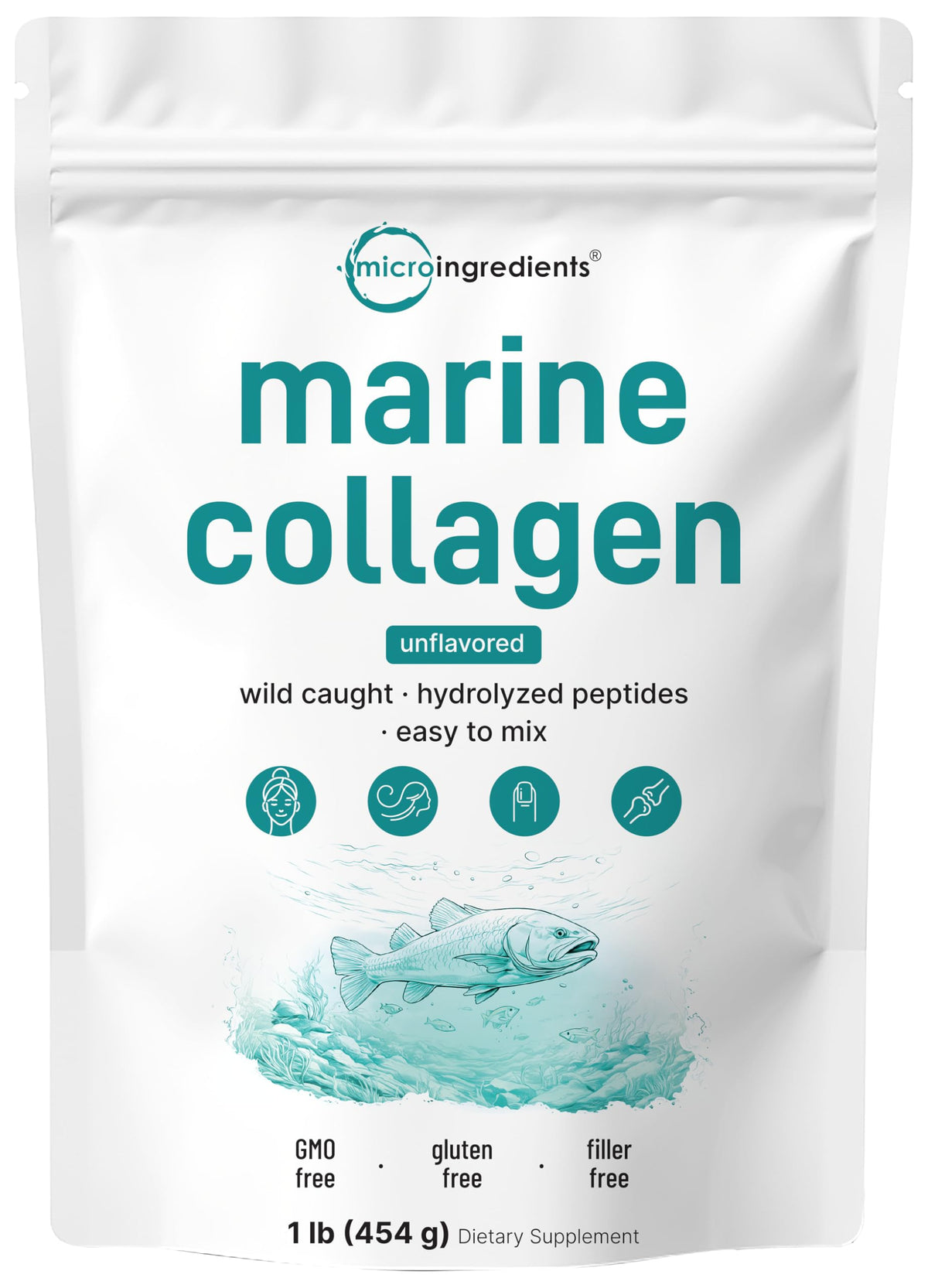 Micro Ingredients Marine Collagen Powder 1lb pouch, unflavored and easy to mix.