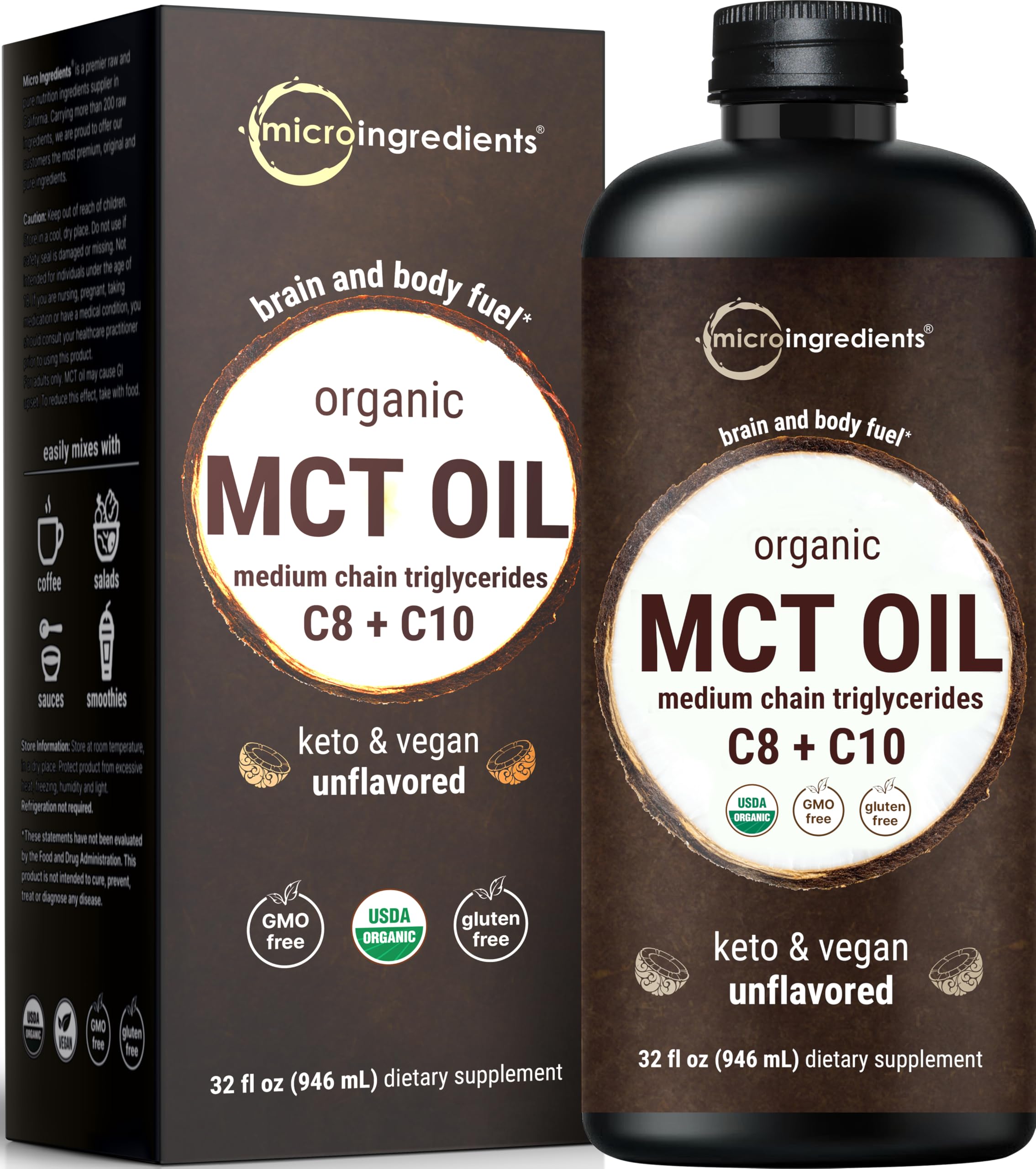 Micro Ingredients MCT Oil bottle front view for keto-friendly energy.