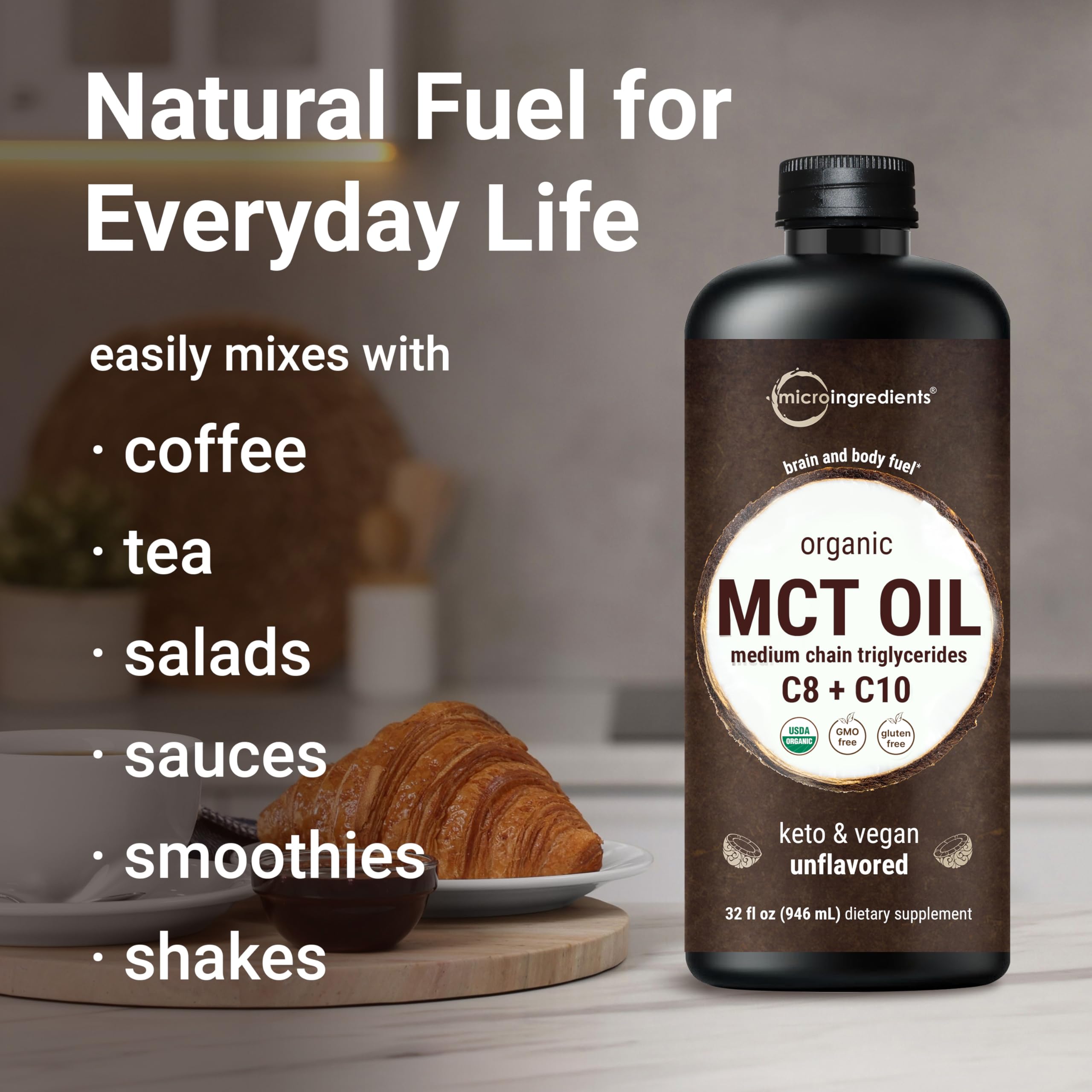 Micro Ingredients MCT Oil blended into coffee for creamy energy boost.