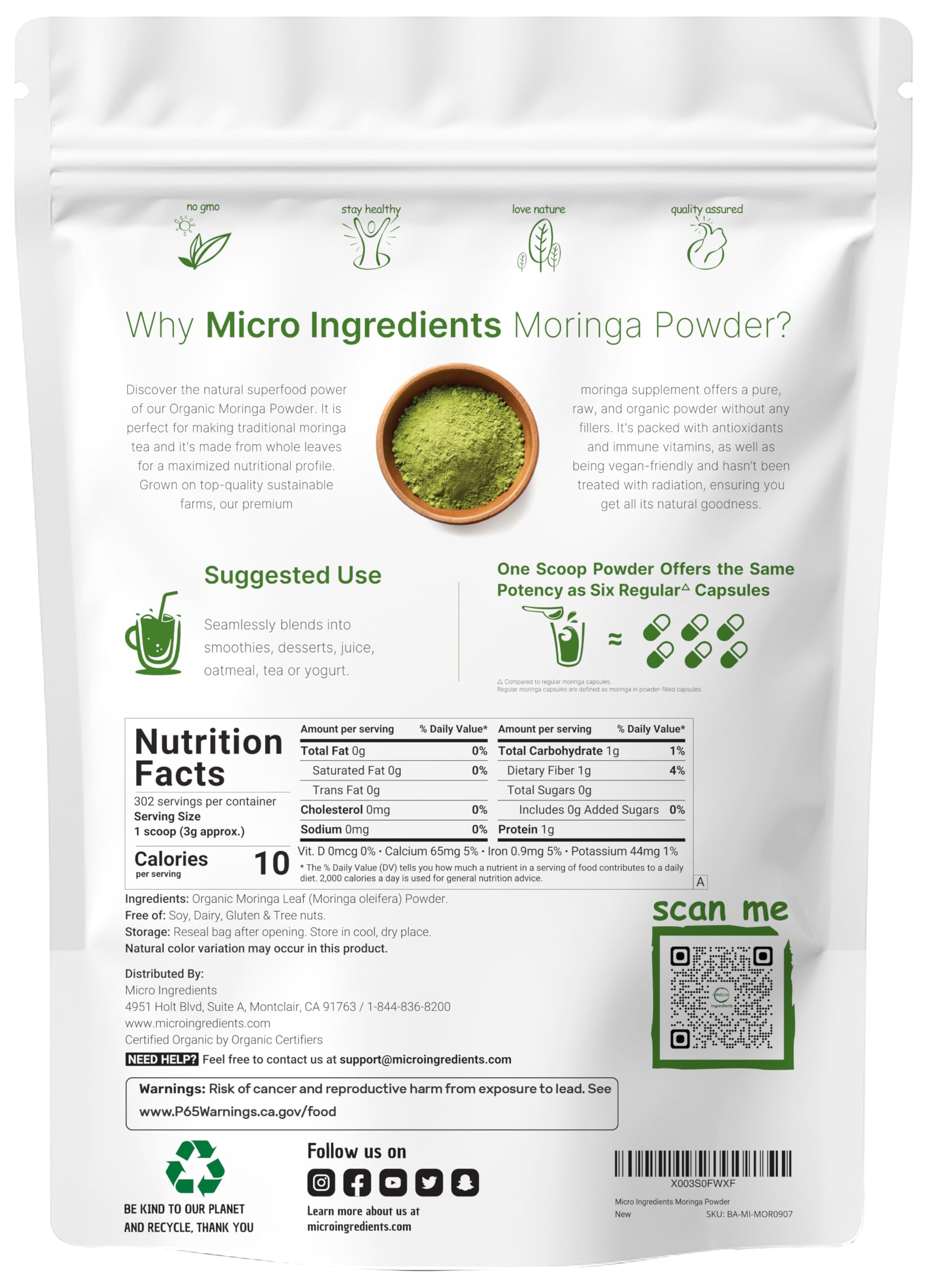Micro Ingredients Moringa Leaf Powder scoop included for precise daily measurements.