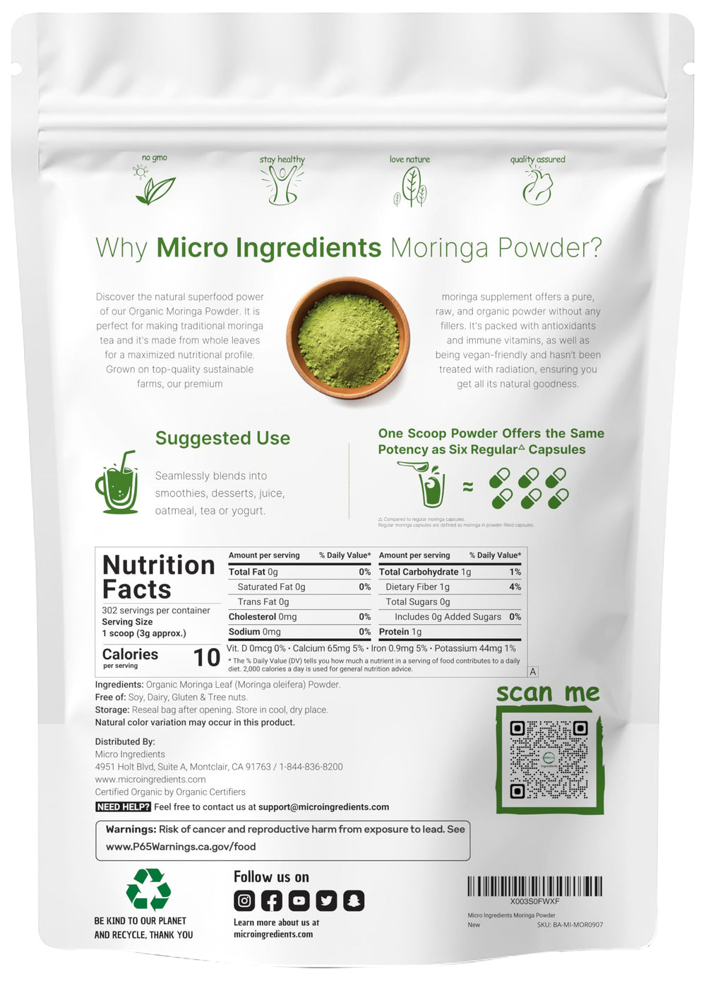 Micro Ingredients Moringa Leaf Powder scoop included for precise daily measurements.