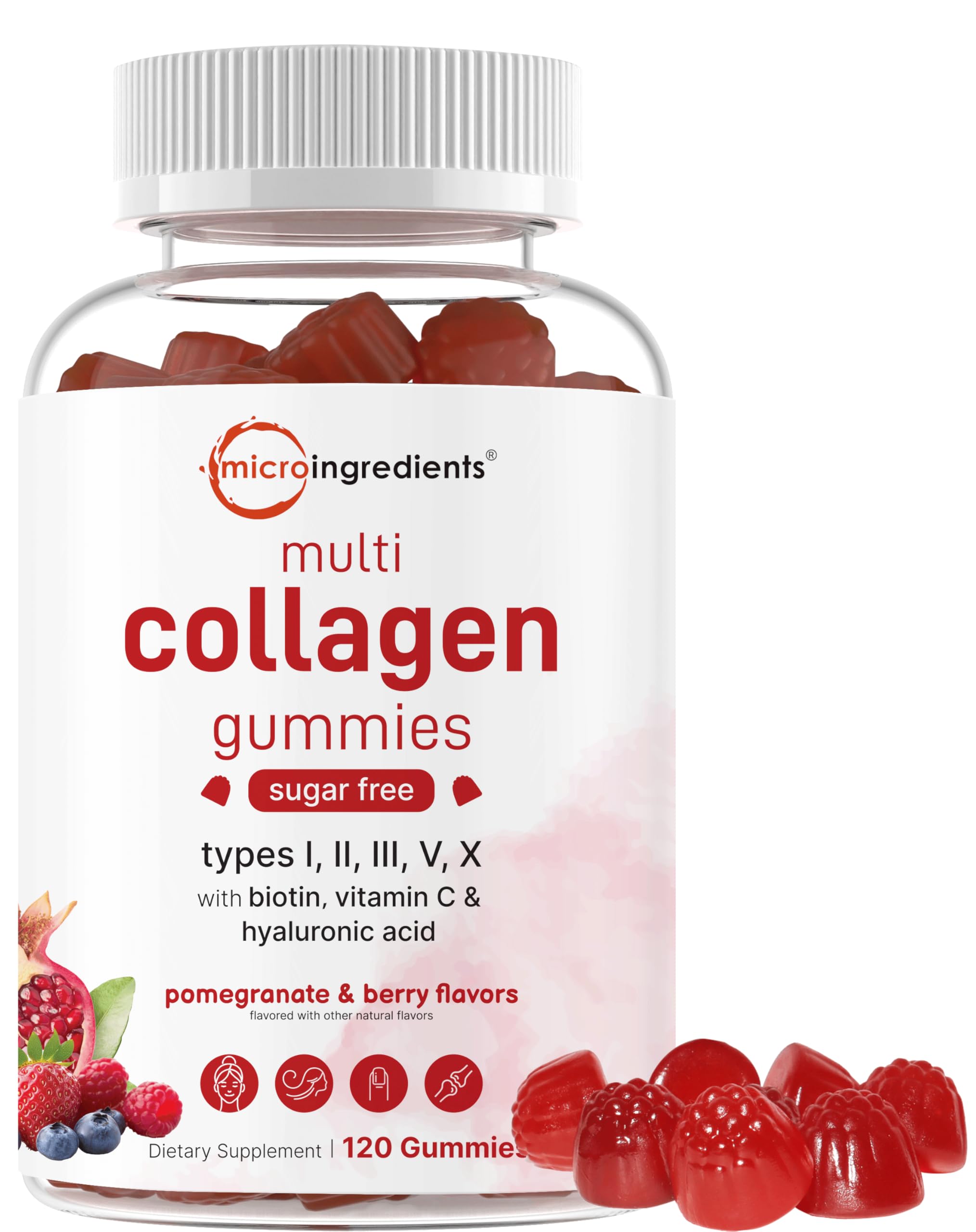 Micro Ingredients Multi Collagen Gummies bottle with sugar free pomegranate berry flavor