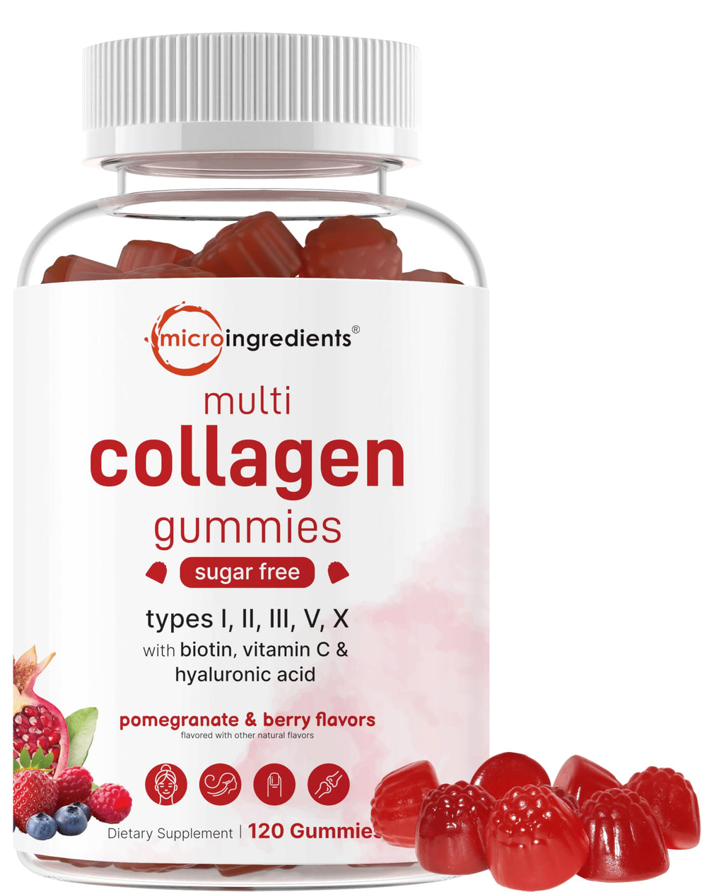 Micro Ingredients Multi Collagen Gummies bottle with sugar free pomegranate berry flavor