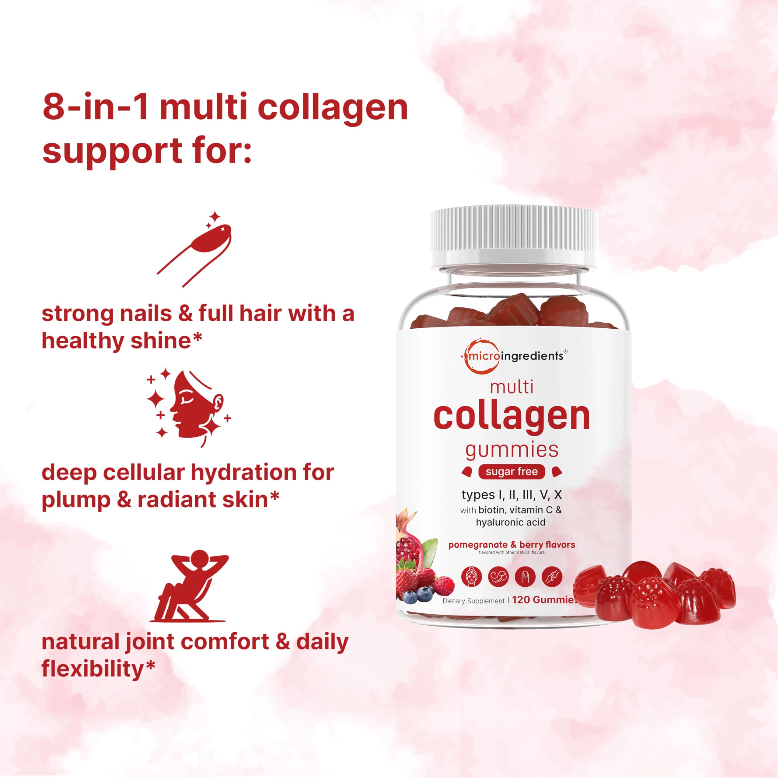 Micro Ingredients Multi Collagen Gummies with label and 8 in 1 blend shown