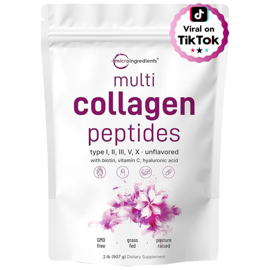 Micro Ingredients Multi Collagen Peptides bottle shows 2lb size for daily use in smoothies.