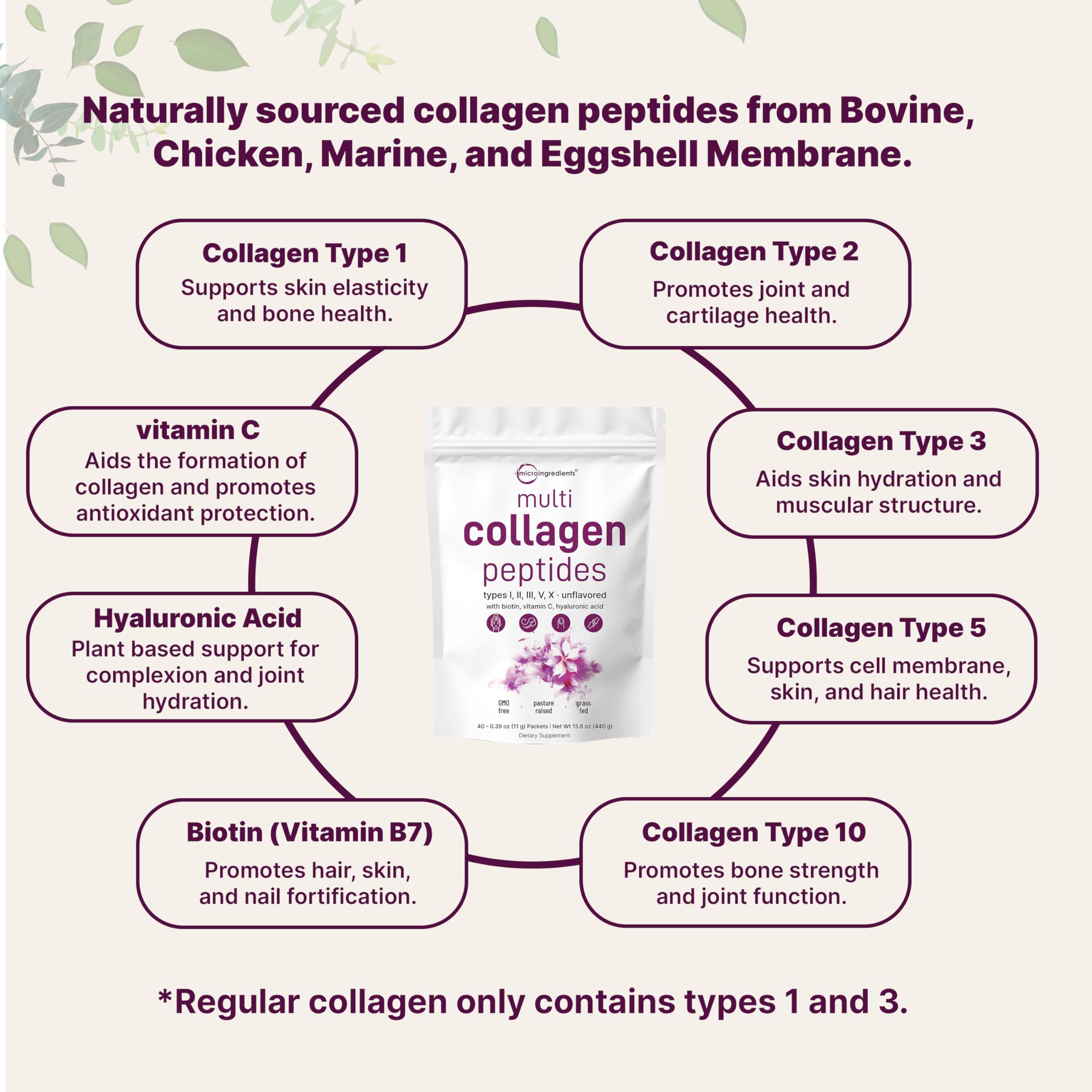 Micro Ingredients multi collagen types I II III V X label highlights premium blend for skin and joints.