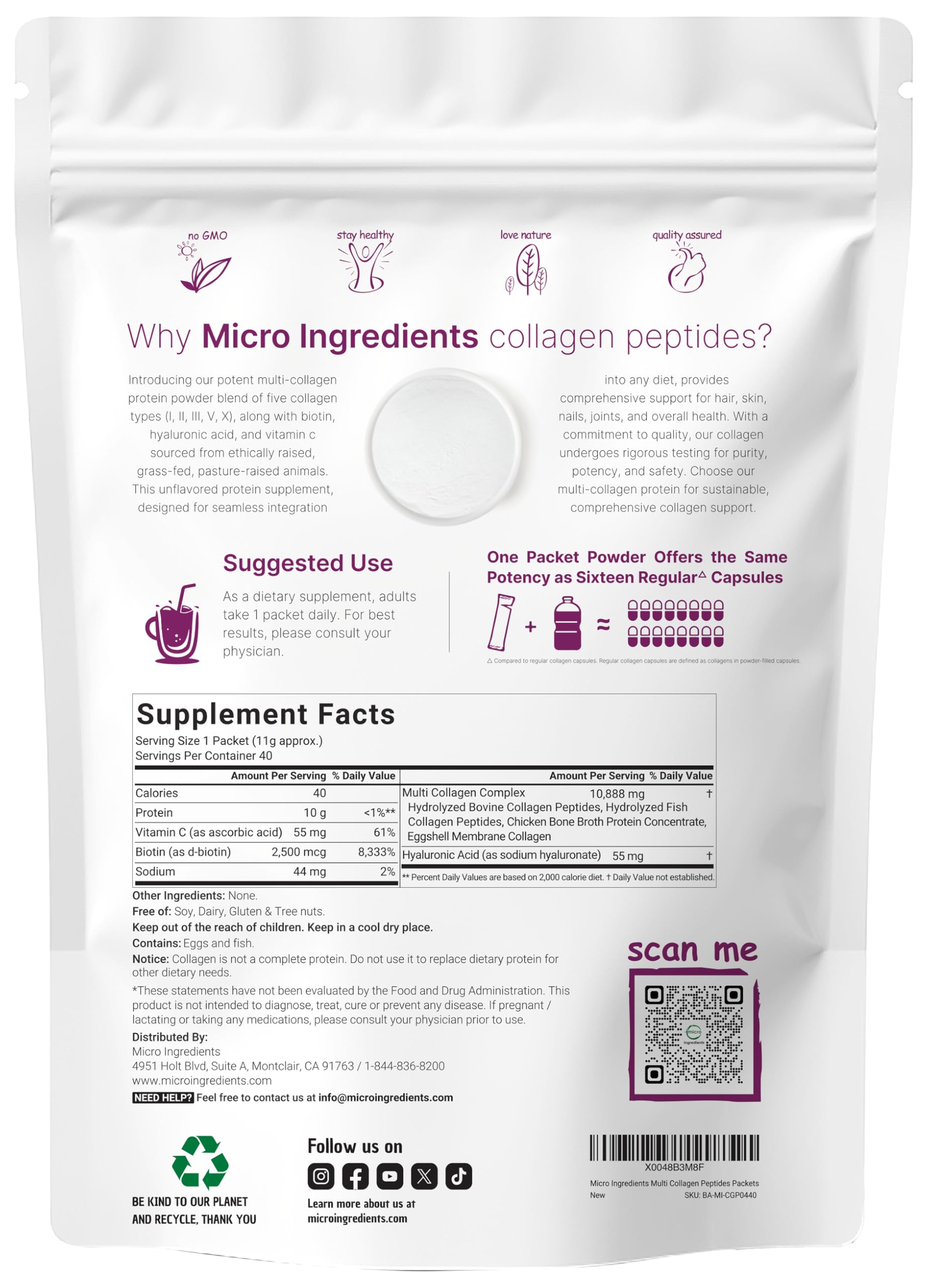 Micro Ingredients multi collagen unflavored packets closeup ideal for versatile drink mixing.