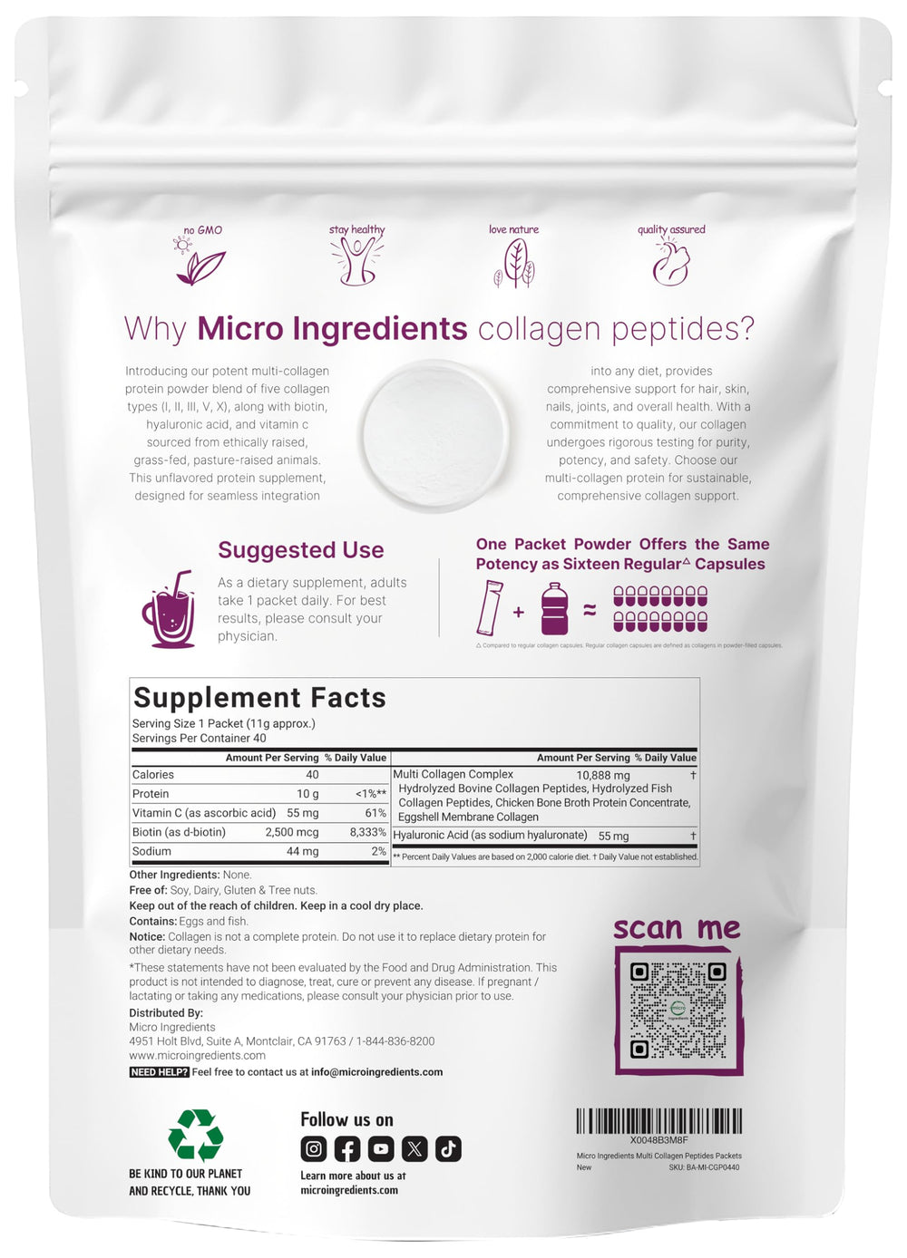 Micro Ingredients multi collagen unflavored packets closeup ideal for versatile drink mixing.