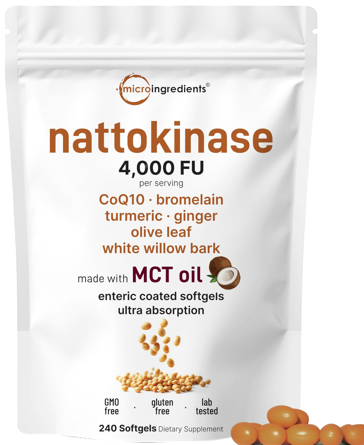 Micro Ingredients nattokinase 4000fu softgels in bottle for daily cardiovascular support.