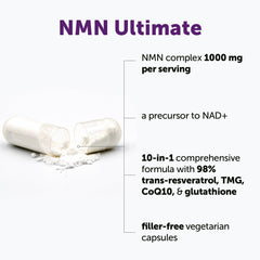 Micro Ingredients NMN Complex capsules closeup - smooth, easy-to-swallow vegetarian capsules.