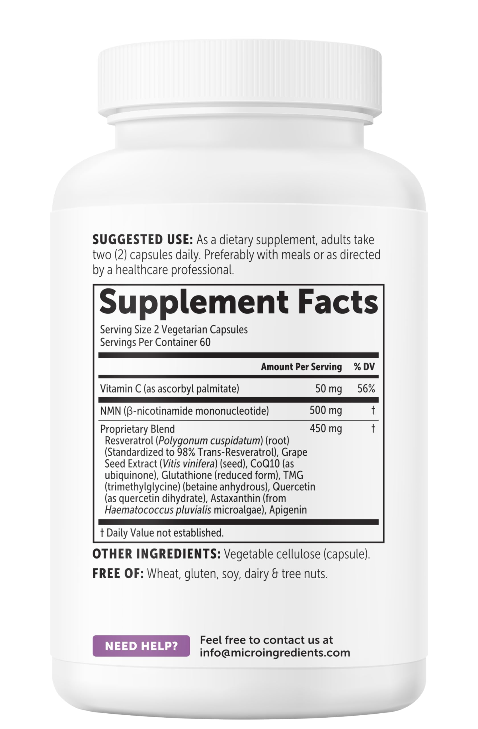 Micro Ingredients NMN Complex packaging info - produced in a cGMP facility.