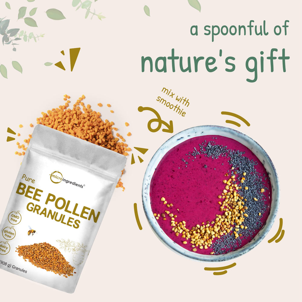 Micro Ingredients Non-GMO Bee Pollen label highlights purity and safety.