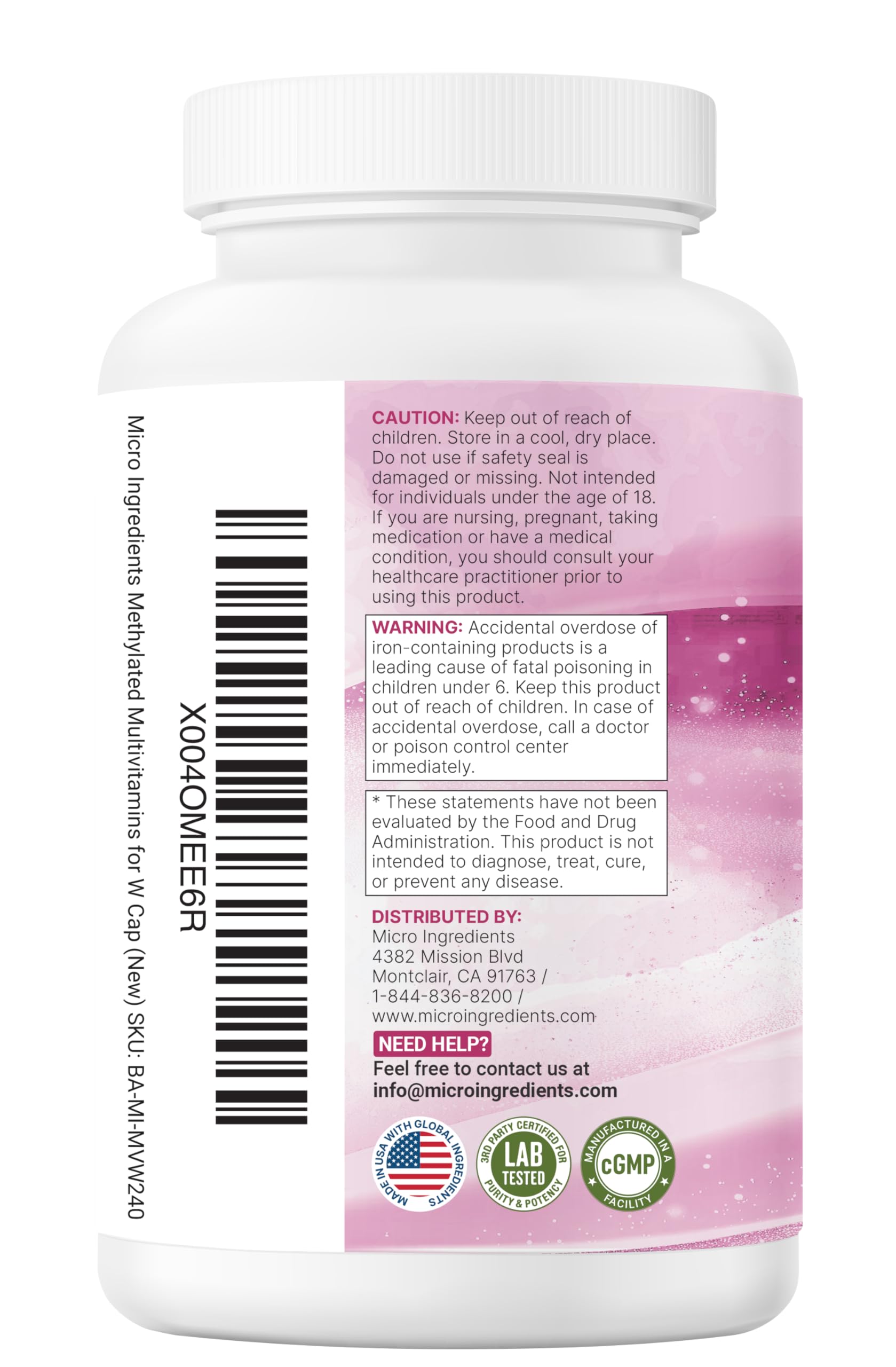 Micro Ingredients nutrition facts panel highlighting methylated B vitamins for uptake