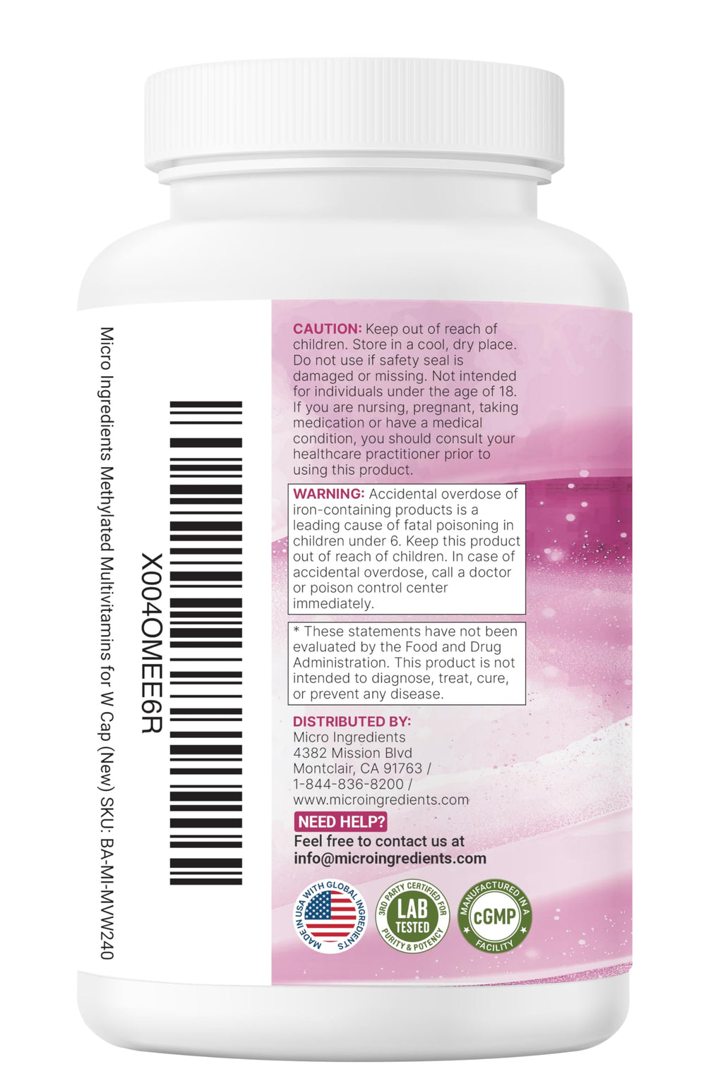 Micro Ingredients nutrition facts panel highlighting methylated B vitamins for uptake