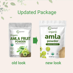 Micro Ingredients organic amla powder jar close-up shows vibrant color and purity.