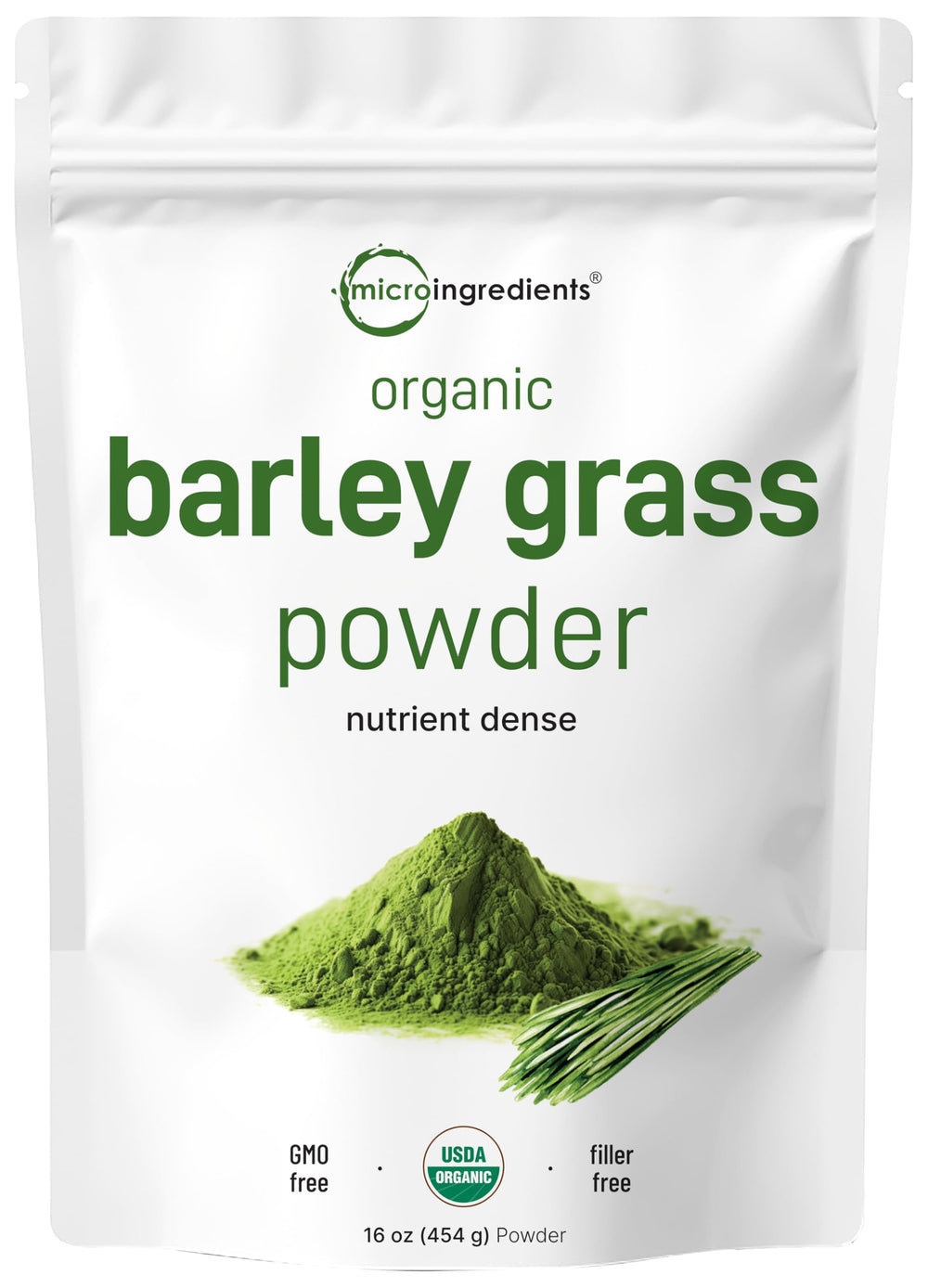 Micro Ingredients Organic Barley Grass Powder bag shows a greens-rich supplement for daily use