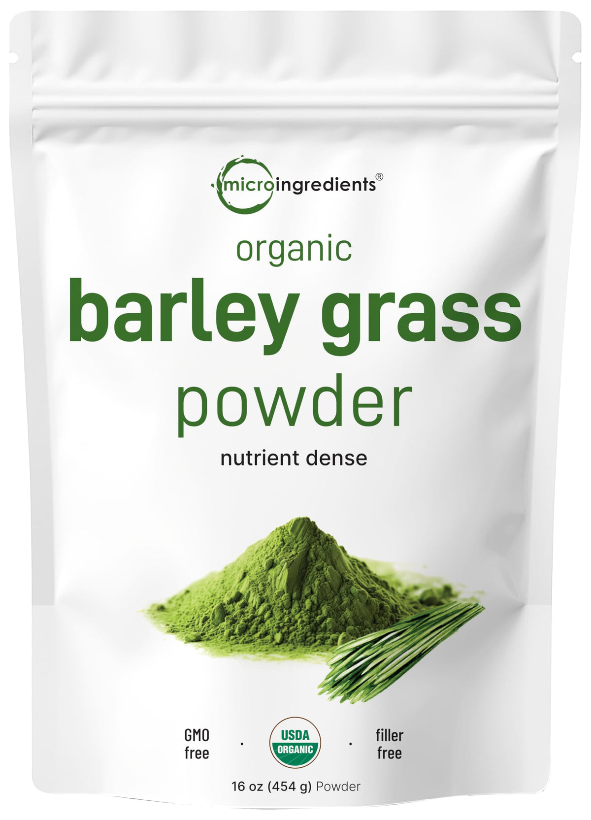 Micro Ingredients Organic Barley Grass Powder bag shows a greens-rich supplement for daily use