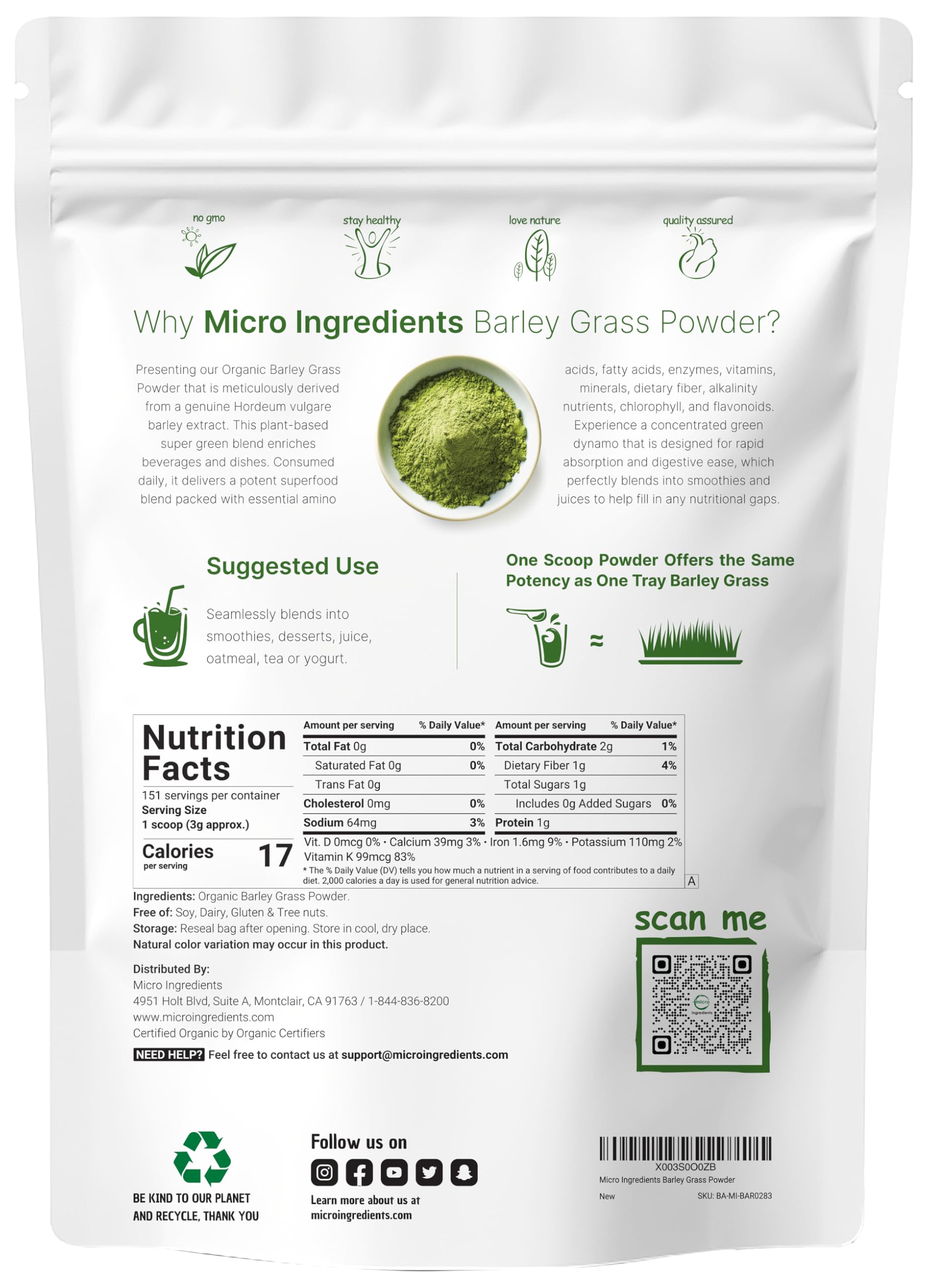 Micro Ingredients barley grass powder scoop ready for a 3 g serving in smoothies