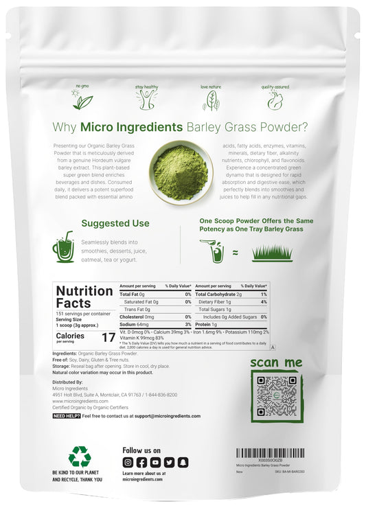 Micro Ingredients barley grass powder scoop ready for a 3 g serving in smoothies