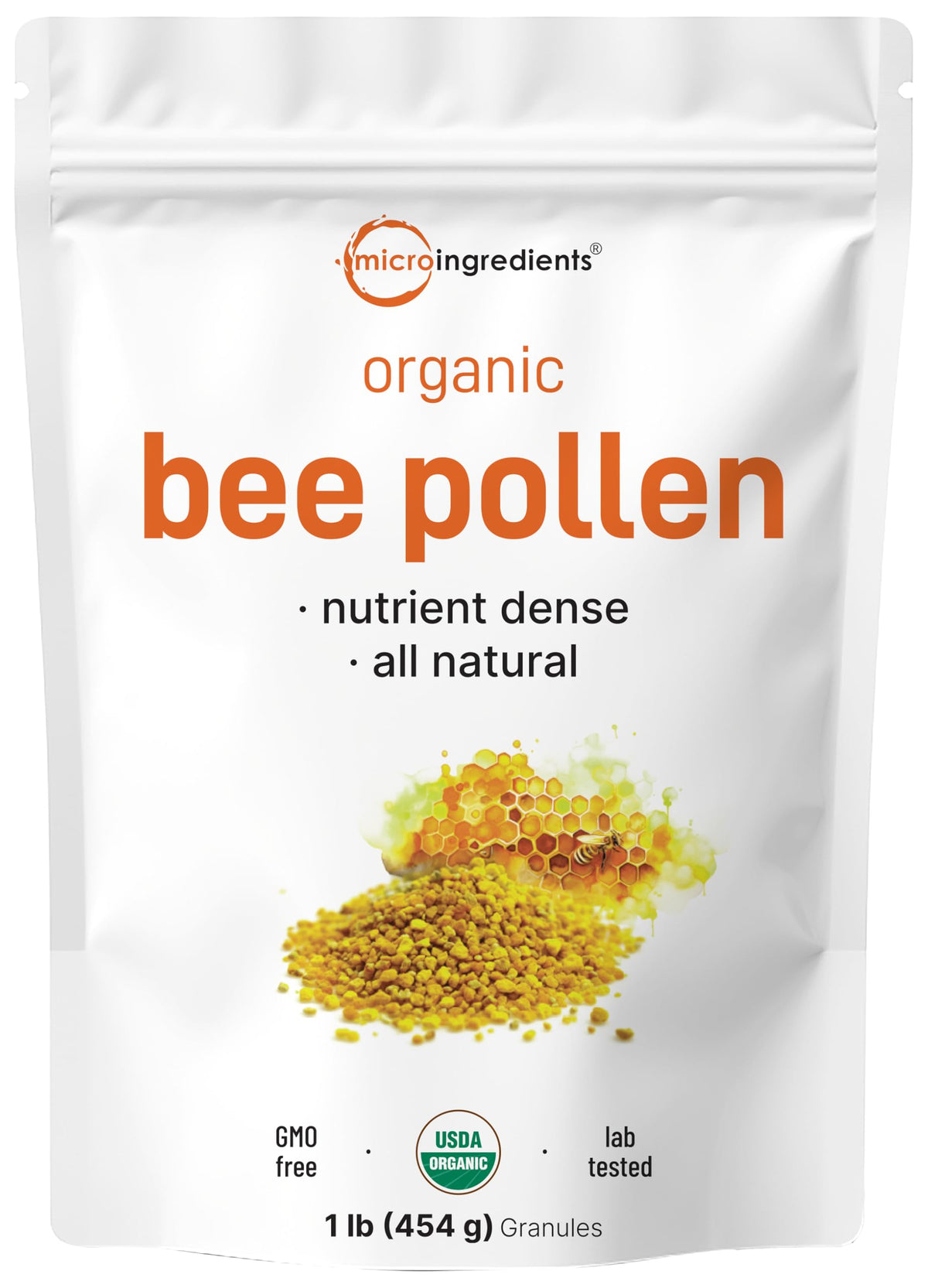 Micro Ingredients organic bee pollen granules in a 1 lb pouch for smoothies