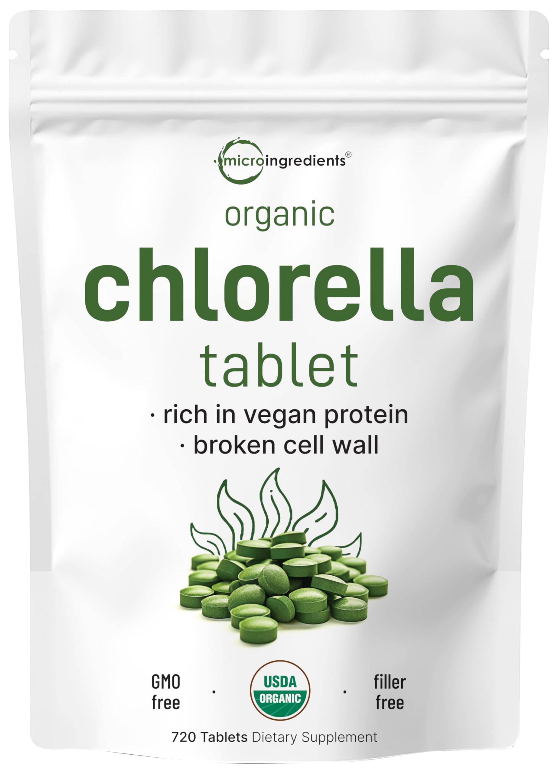 Micro Ingredients Organic Chlorella tablets 500mg in bottle for convenient daily greens