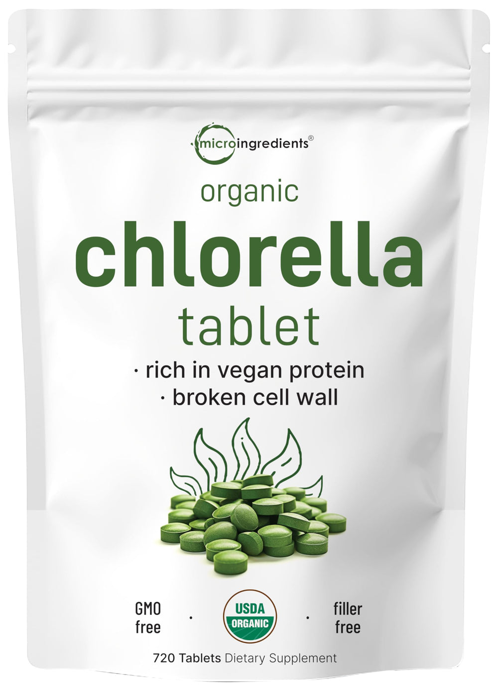 Micro Ingredients Organic Chlorella tablets 500mg in bottle for convenient daily greens