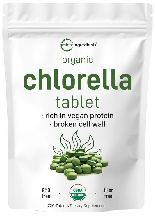 Micro Ingredients Organic Chlorella tablets 500mg in bottle for convenient daily greens