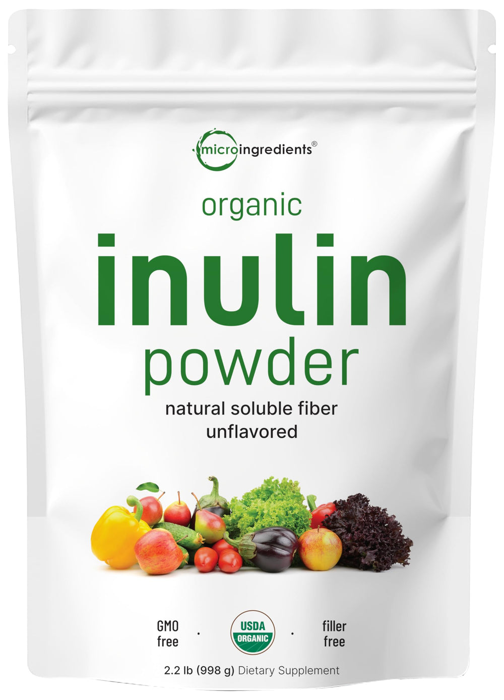 Micro Ingredients Organic Inulin FOS powder bottle for daily fiber in smoothies