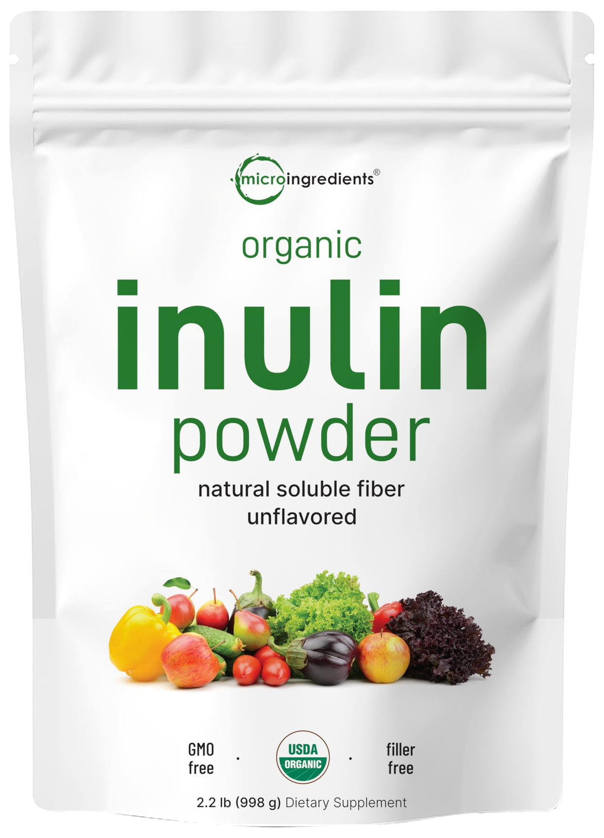 Micro Ingredients Organic Inulin FOS powder bottle for daily fiber in smoothies