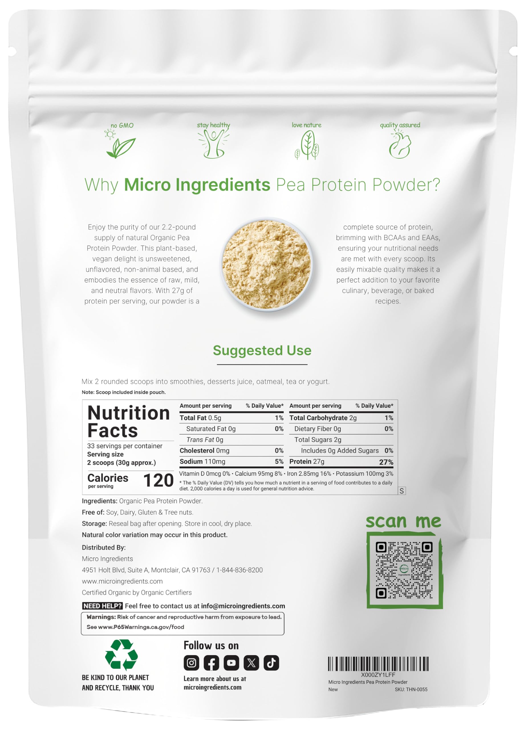 Micro Ingredients organic pea protein scoop included for accurate servings.