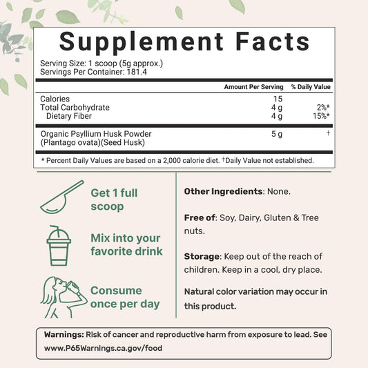 Micro Ingredients organic psyllium husk powder label highlights India origin and purity
