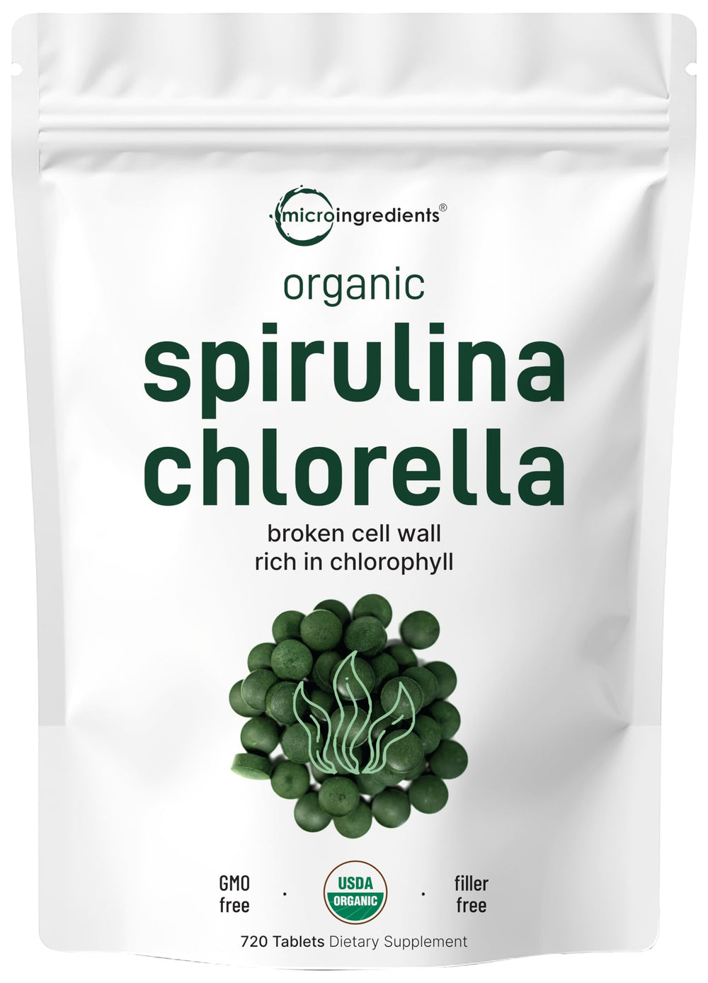 Micro Ingredients organic spirulina chlorella tablets in bottle provide convenient daily greens.