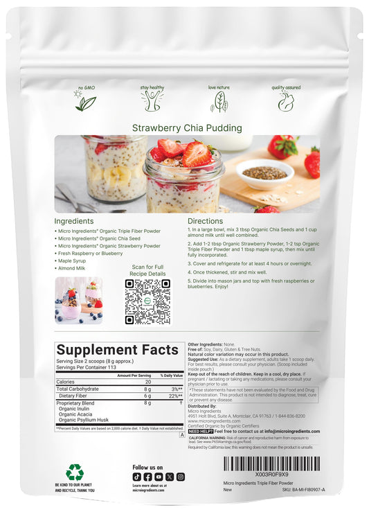 Micro Ingredients Organic Triple Fiber Powder label highlighting organic ingredients