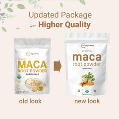 Peru-origin maca label highlights organic, vegan, and non GMO qualities.