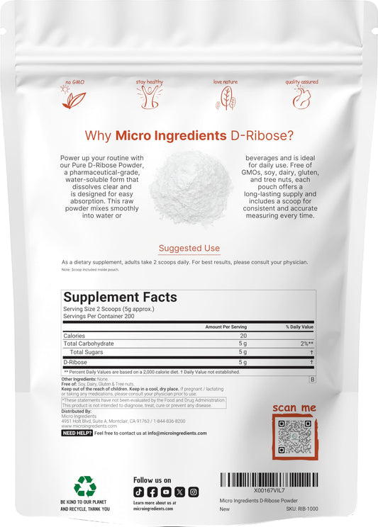 Micro Ingredients Pure D Ribose powder scoop included for precise daily portions