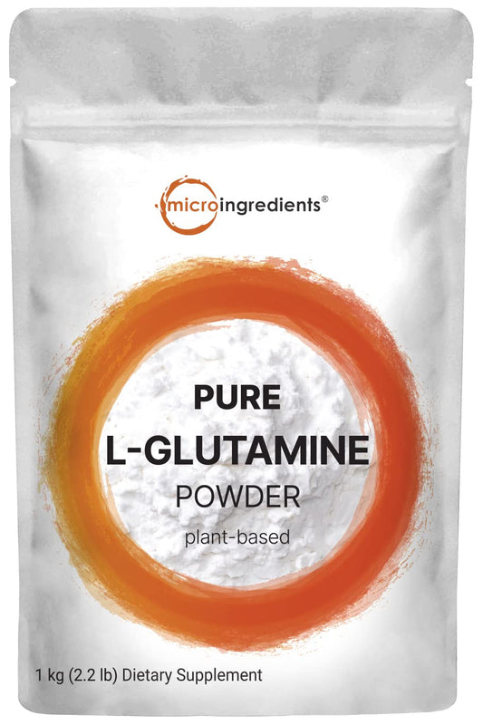 Micro Ingredients Pure L-Glutamine powder bottle for daily unflavored amino support.