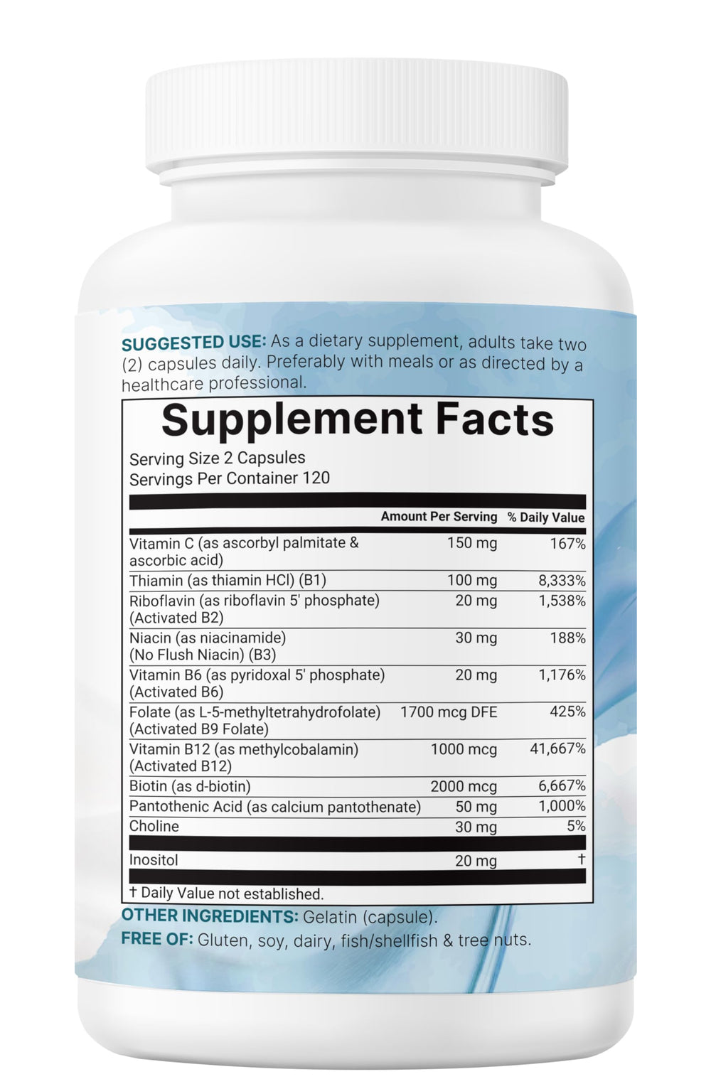 Nutrition facts panel on Micro Ingredients Pure Methylated B Complex detailing ingredients.