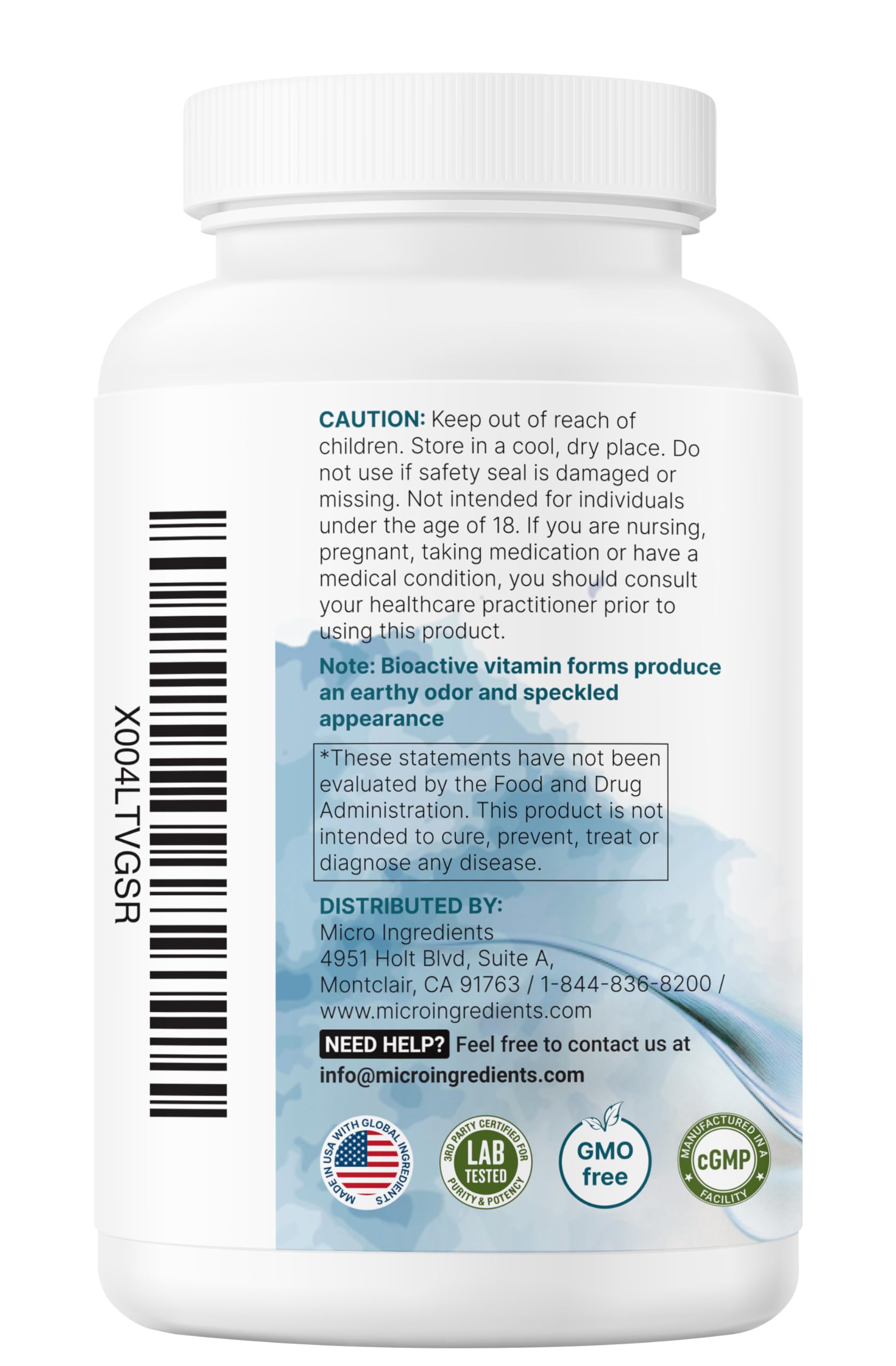 Seal on Micro Ingredients Pure Methylated B Complex indicating third-party testing for quality.