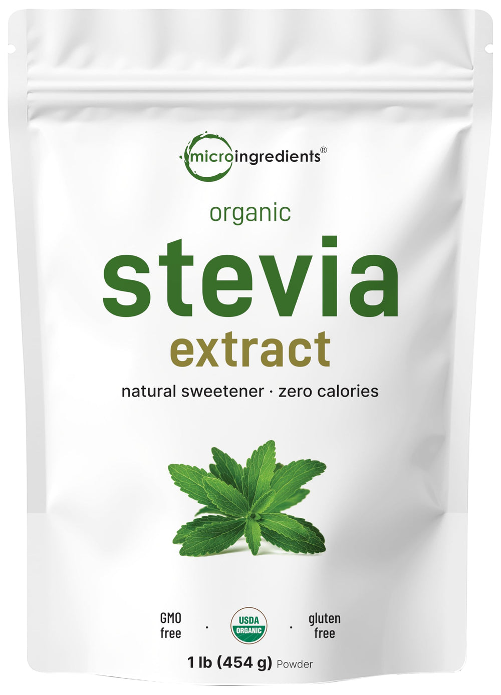 Micro Ingredients Pure Organic Stevia Powder 1lb bag for sugar-free baking.