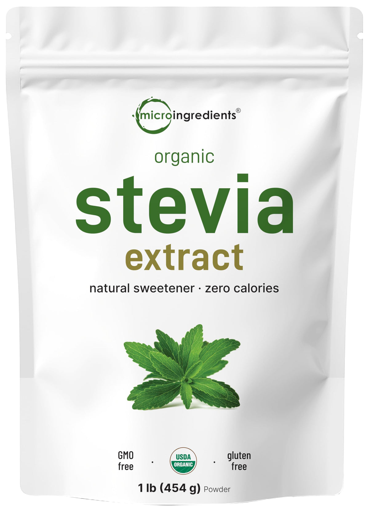 Micro Ingredients Pure Organic Stevia Powder 1lb bag for sugar-free baking.