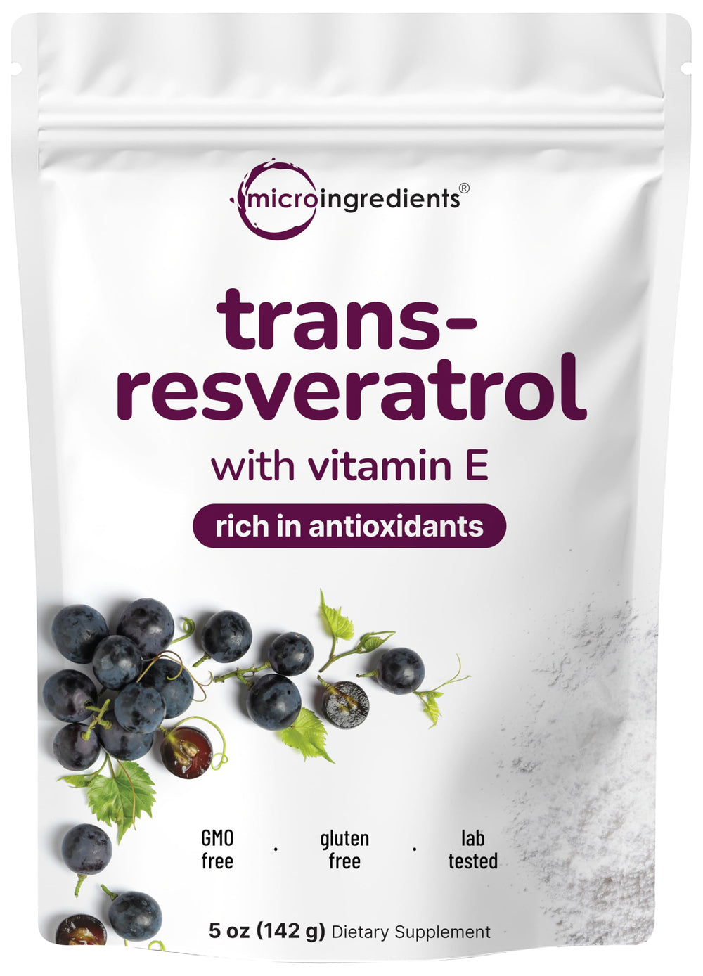 Micro Ingredients Pure Trans-Resveratrol powder bottle shows premium antioxidant blend for daily use