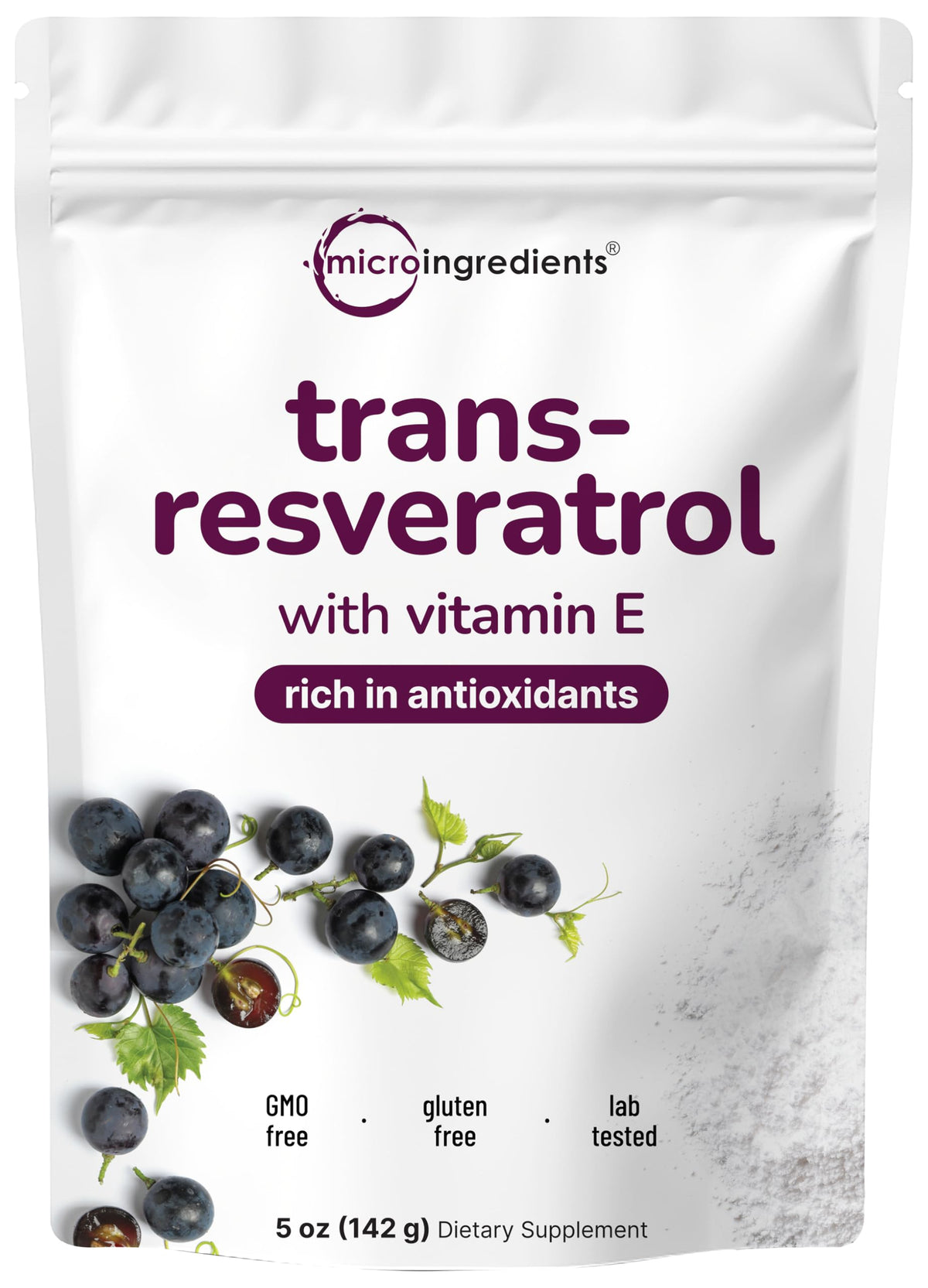 Micro Ingredients Pure Trans-Resveratrol powder bottle shows premium antioxidant blend for daily use