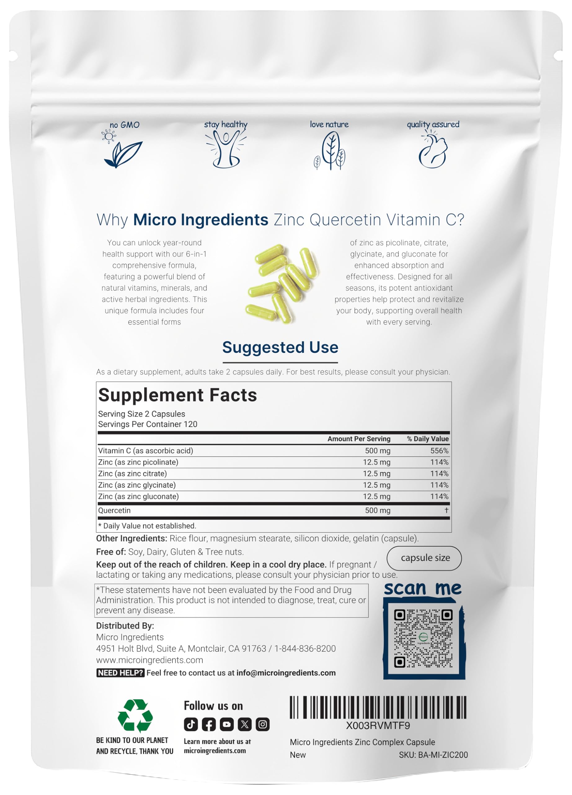 Micro Ingredients Quercetin packaging label highlights vitamin C and zinc for immune support