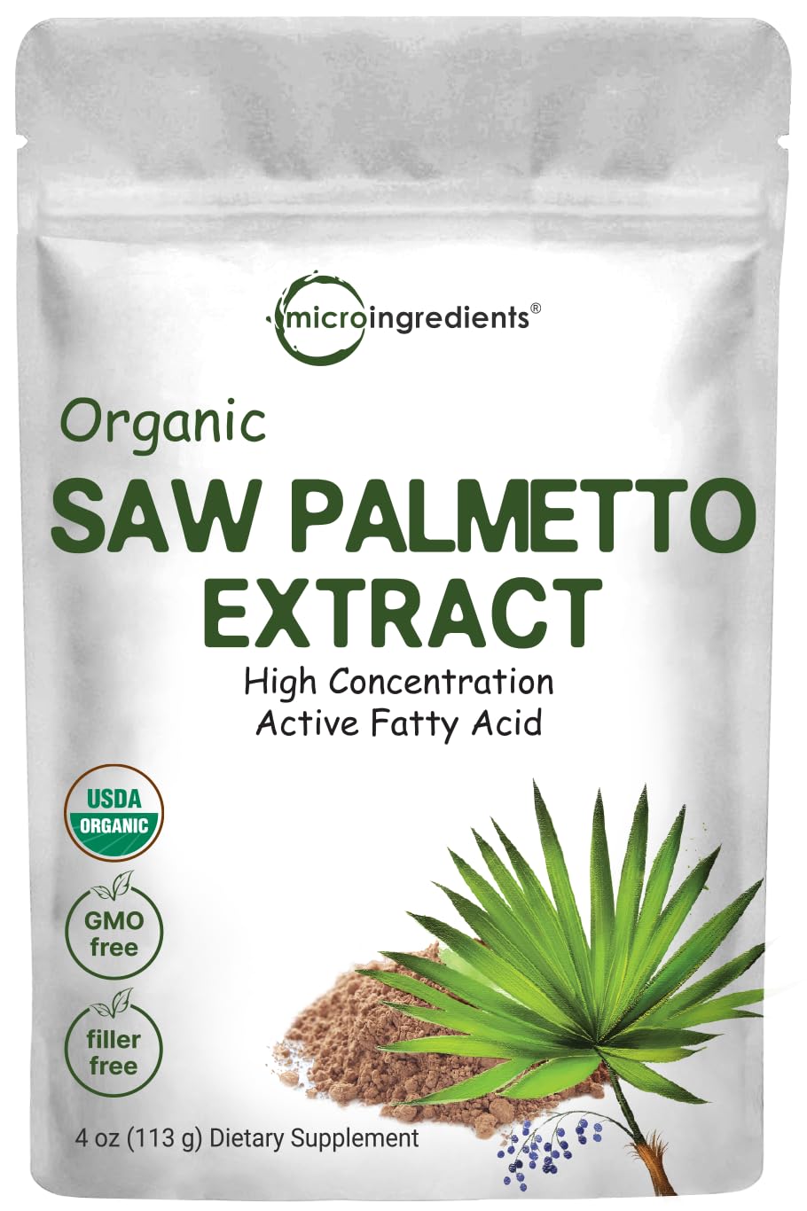 Micro Ingredients saw palmetto powder jar showcasing organic extract for daily use