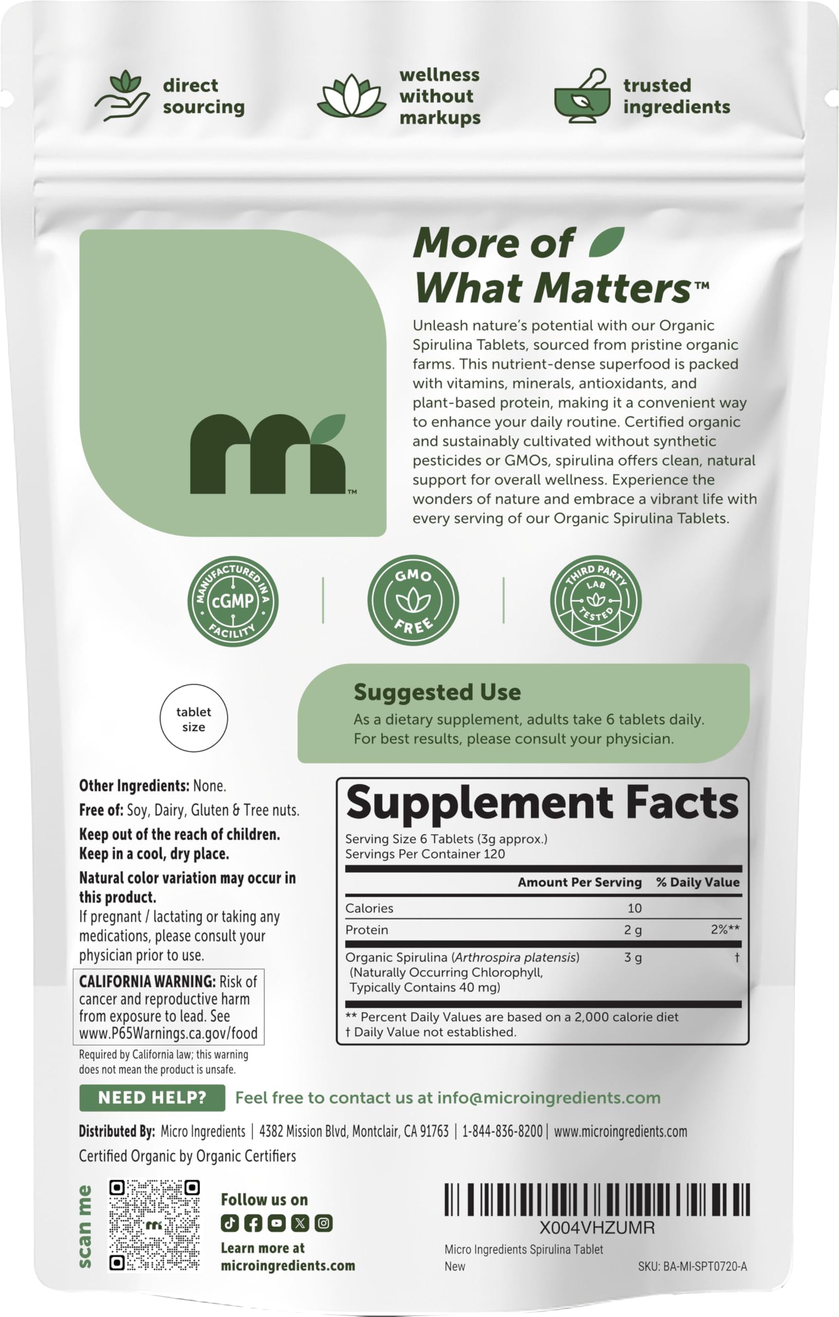 Micro Ingredients Spirulina bottle with seal and 720 count specification