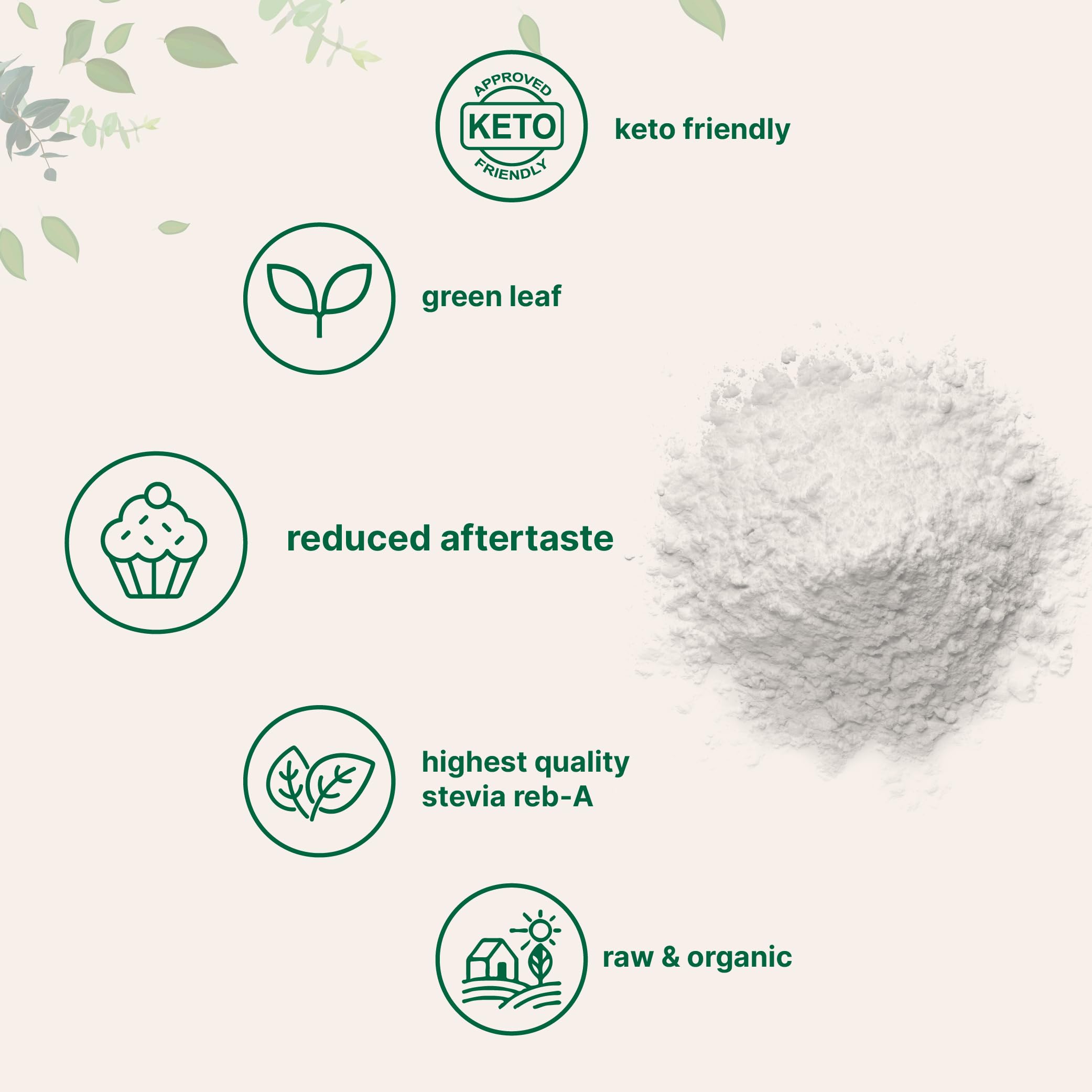 Micro Ingredients 8-ounce stevia powder bottle on kitchen counter for keto-friendly sweetness.