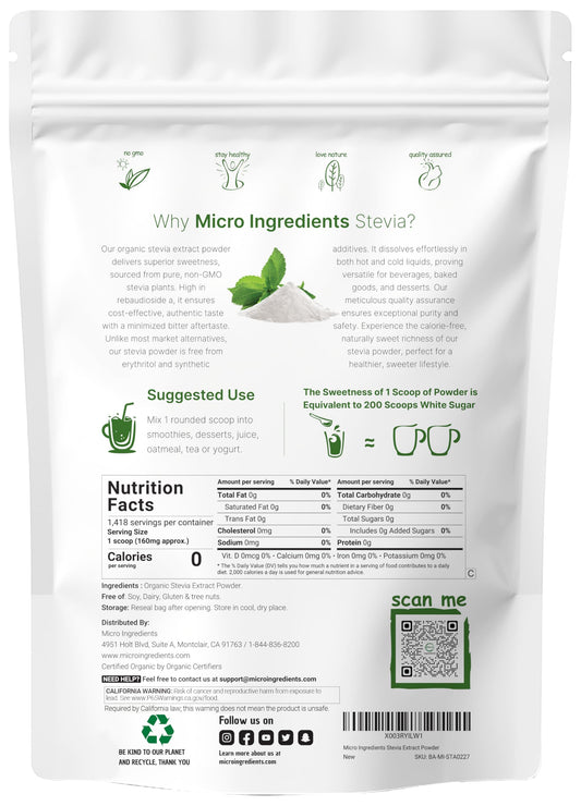 Micro Ingredients stevia green leaf extract powder close-up showing reduced bitter aftertaste.