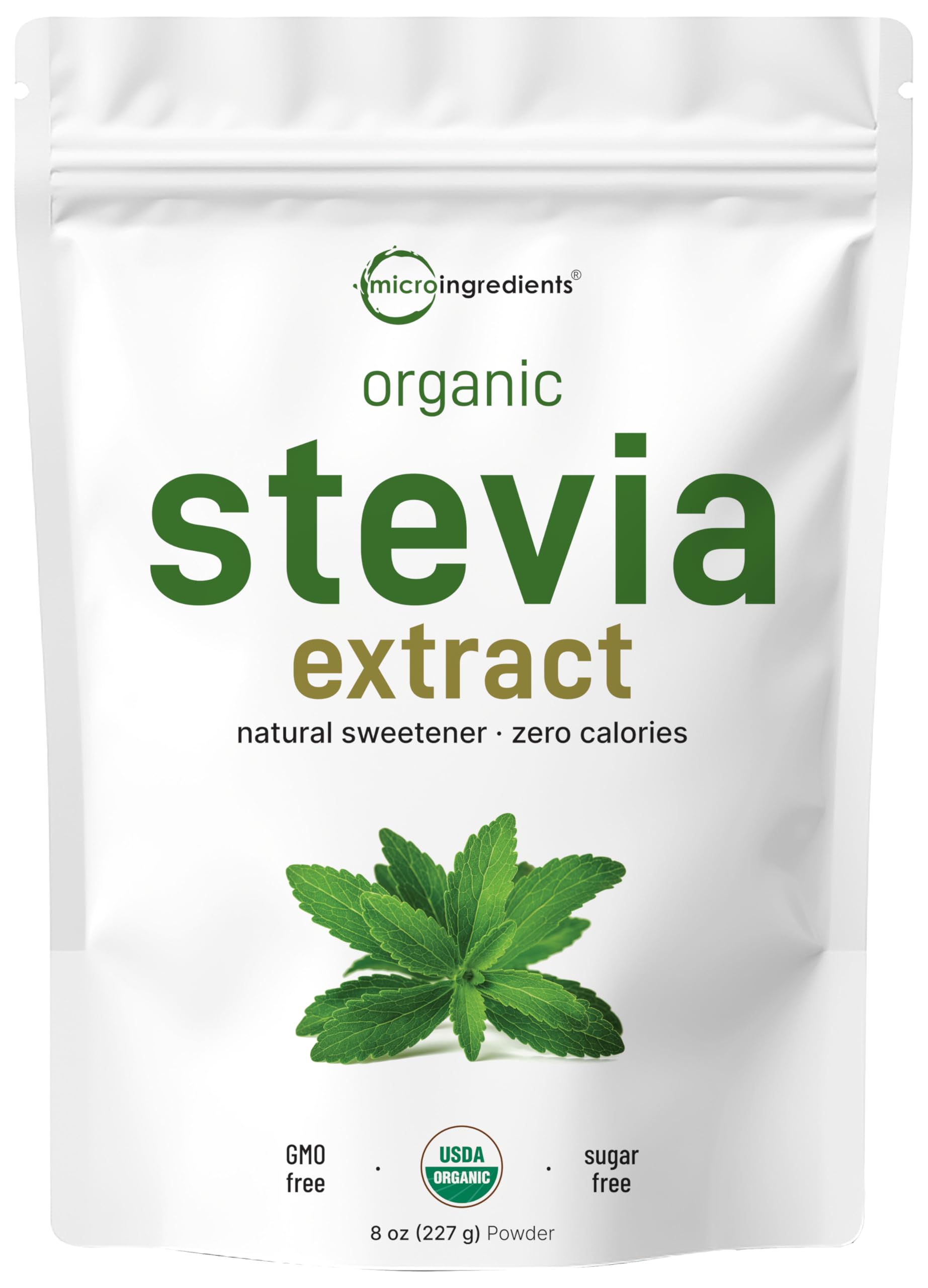 Micro Ingredients stevia powder bottle with scoop for precise zero-calorie sweetening.